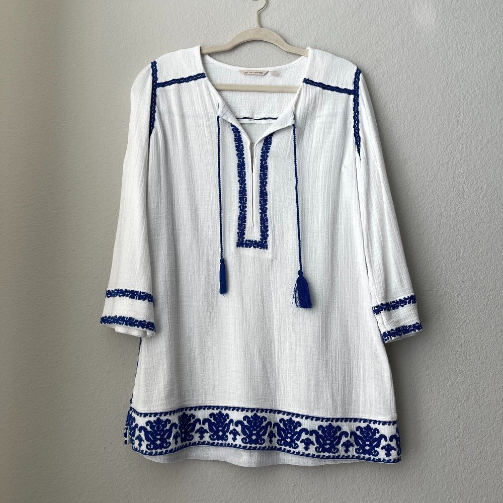 Soft Surroundings Bohemian White Blue Tassel Embroidered Tunic Blouse Size M
